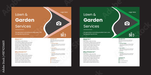 Lawn and gardening social media post design with green and yellow colors. Modern farming business promotional web banner vector with photo placeholders. Garden cleaning service marketing Lawn and gard