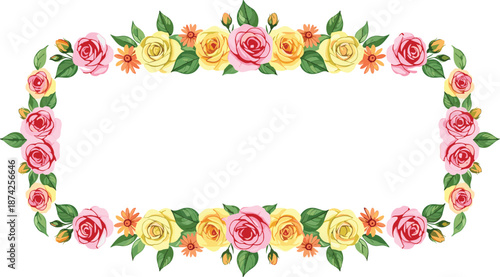 Colorful rose flower frame, rectangular floral border with pink and yellow roses, cad drawing flat vector illustration, elegant wedding decoration