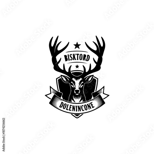A black and white logo featuring a stylized deer head with large antlers, framed by a banner with the text 'BISKTORD' at the top and 'DOLENINCONE' at the bottom.