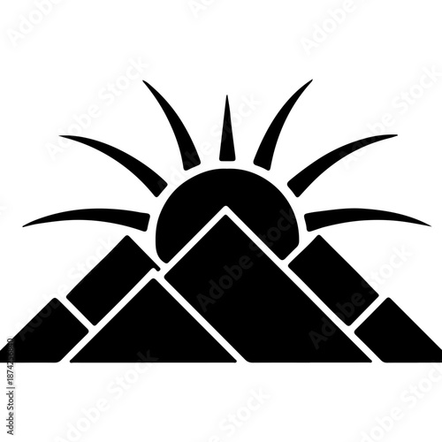 A stylized black and white illustration depicting the sun rising over a mountain range. The sun is shown with sharp rays, and the mountains are represented with simple geometric shapes.