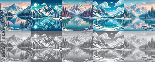 Vector set of Mountain and lake views in winter
