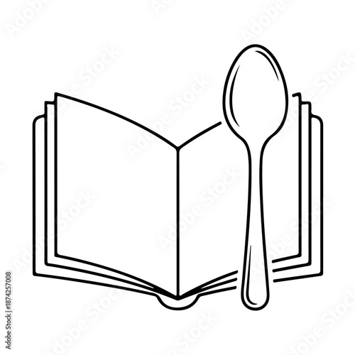 An open book with a spoon resting on its pages, symbolizing the intersection of reading and cooking or recipes.
