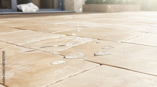 Water droplets on porous stone surface reflecting light outdoors