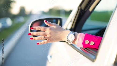 Woman's hand out car window with pink sleeve and watch