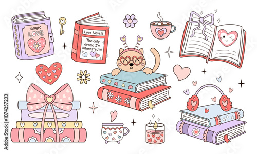 Valentine bookish clipart set, Romance books vector illustration, Valentines day design, Love readers stickers, Book lover gift, Romantic aesthetic.
