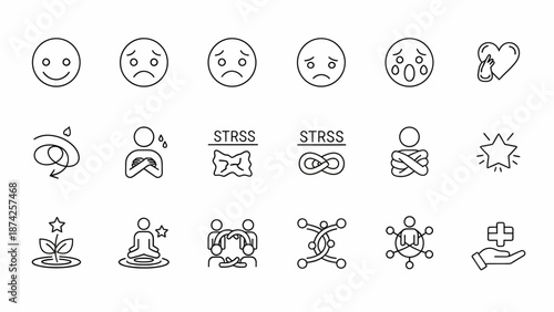 Set of icons representing emotions, mental health, and well-being concepts including stress and self-care