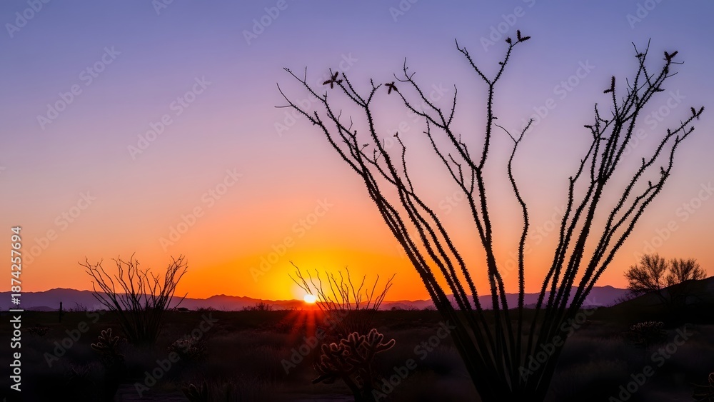 Naklejka premium Desert sunset landscape with cactus silhouettes and orange sky. Nature travel and outdoor adventure scenery. Saguaro and desert plants standing against a vibrant twilight horizon.