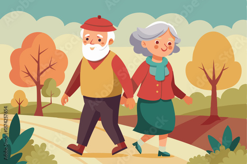 Happy Elderly Couple Walking Together in the Park Vector Illustration