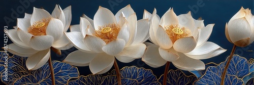 Four white lotuses against dark blue, gold-lined leaves