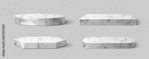 3D set of geometric marble platforms isolated on background. Vector realistic illustration of luxury round, square, hexagonal, oval stone stage for product presentation, interior design element