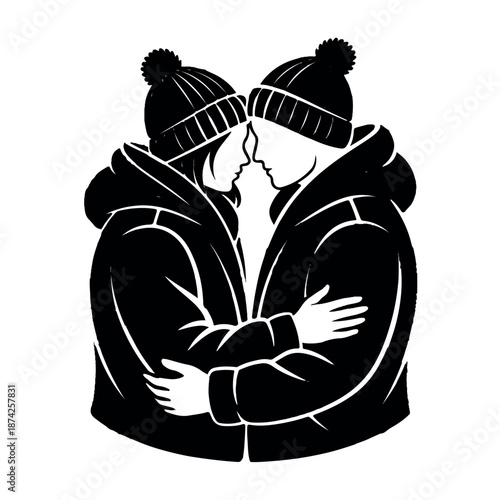 Loving couple embracing warmly in winter clothing together