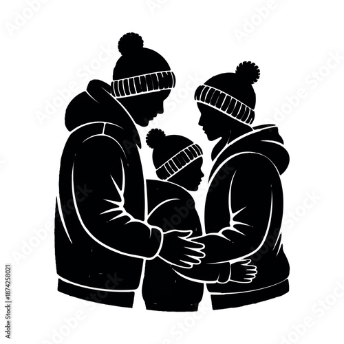 Loving family in warm winter clothing embracing each other closely