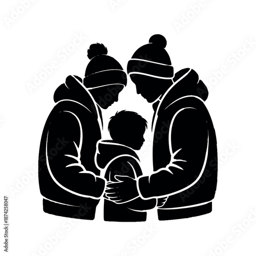 Loving family embracing together in warm winter clothing
