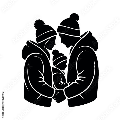 Loving family in winter clothes holding hands together in unity