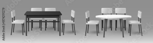 3D tables and chairs mockup isolated on background. Vector realistic illustration of simple furniture for exhibition booth, office conference room, home kitchen, dining area, interior design elements