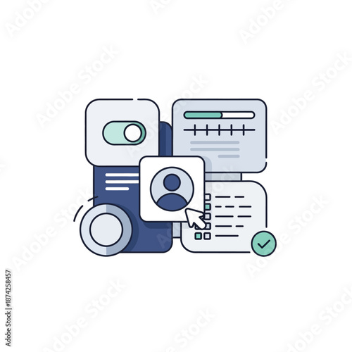 Illustration of user interface elements, settings, and profile management for digital platforms