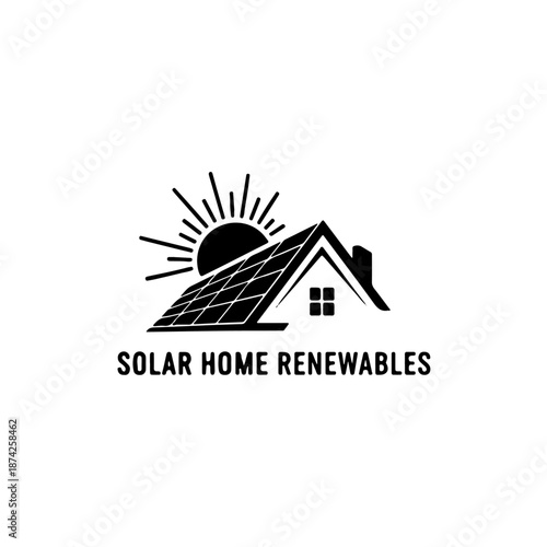 A logo featuring a house with solar panels on its roof, with a sun in the background, representing renewable energy solutions for homes.