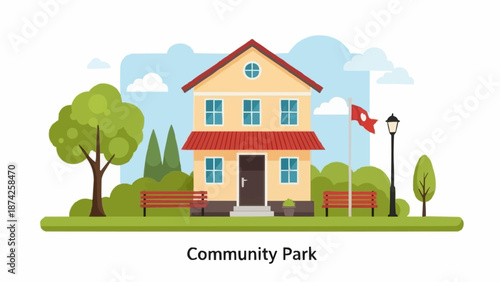 Illustration of a charming community park with a house and trees.