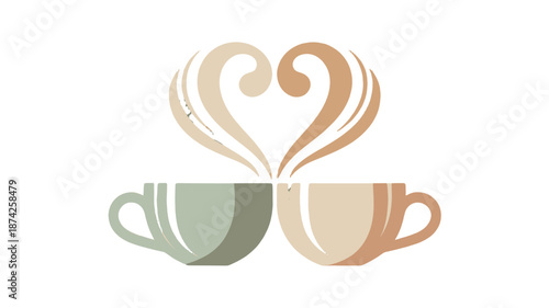 A romantic coffee cups concept with heart shaped steam.