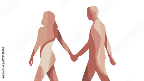 An artistic depiction of a couple walking together holding hands.