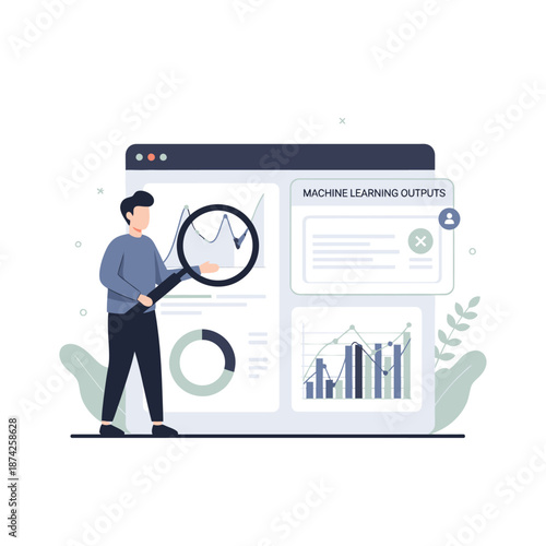 Person analyzing machine learning data and outputs with graphs and charts on a computer screen, symbolizing data science and analytics