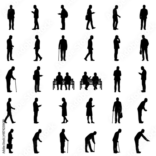 Set of elderly people silhouettes in daily life poses, including walking, sitting and using canes. Senior men and women isolated in black, suitable for healthcare, aging, retirement and social concept