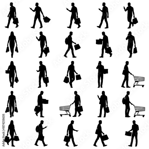 People silhouettes shopping and carrying bags in every day poses. Men and women walking, using phones and pushing carts, perfect for retail, consumer lifestyle and urban design concepts