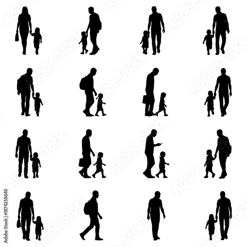 Set of silhouettes of people where there is an adult and a child walking hand in hand. Drawn in pure black vector