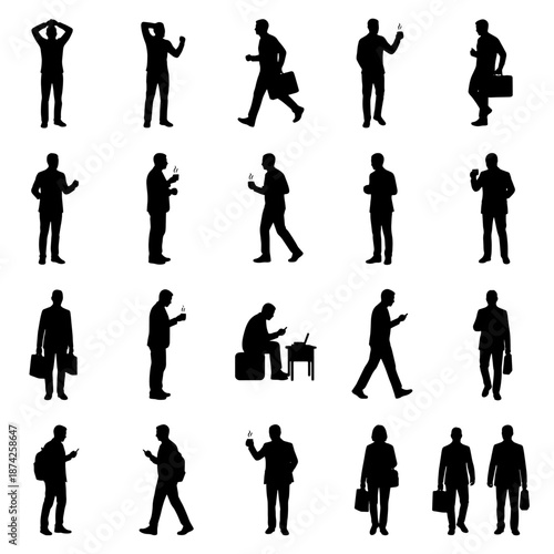 Set of silhouettes of people working in the office, going to work or a business meeting