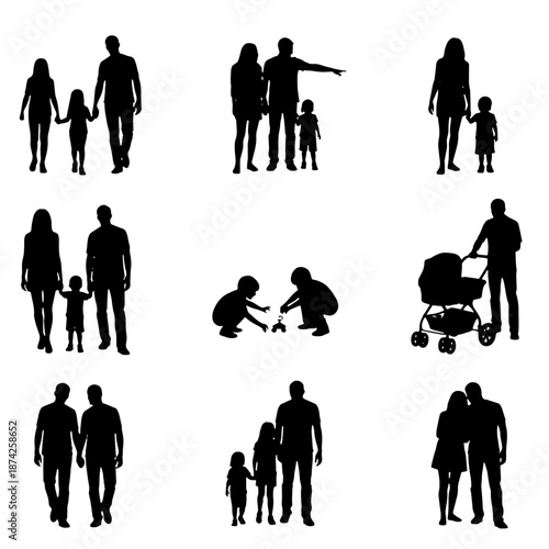 Set of silhouettes of people, including a family, couple, and children playing and spending time together