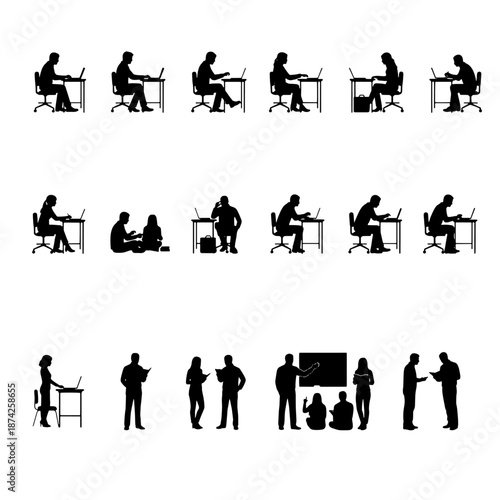 Set of silhouettes of people working at a desk, in the office, presenting their work or giving a presentation. Meetings in the office.