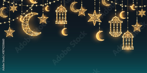 Eid Ramadan lights garland on dark blue background. Vector realistic illustration of golden crescent and star lanterns glowing in night darkness, golden lamp ornament for islamic religious poster