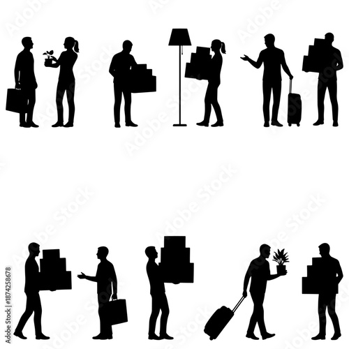 Set of black human silhouettes showing people carrying boxes, moving personal belongings, traveling with luggage, and exchanging items. Various standing and walking poses represent relocation, deliver