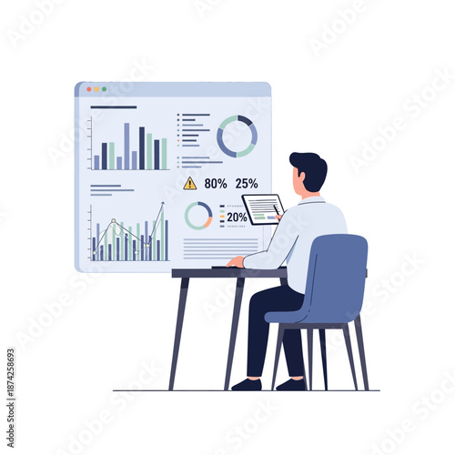 Business intelligence analyst working on data visualization dashboard with charts and graphs on a large screen and tablet