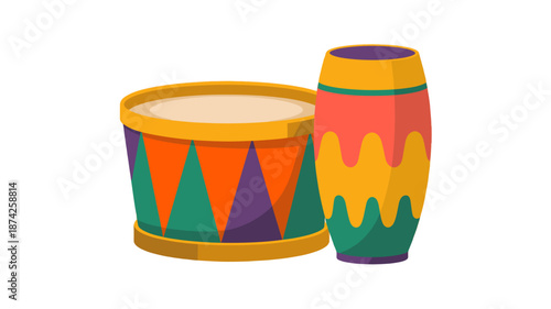 Two colorful drums standing side by side.