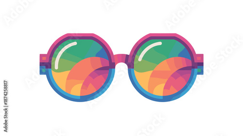 A vibrant pair of sunglasses with a rainbow-colored lenses.