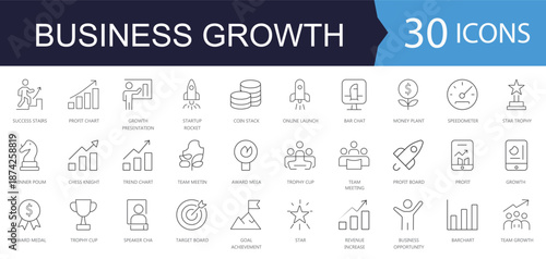 Business Growth and Success line Icon set. Features icons of chart, startup, graph, profit and achievement. Perfect for corporate reports and team presentations.