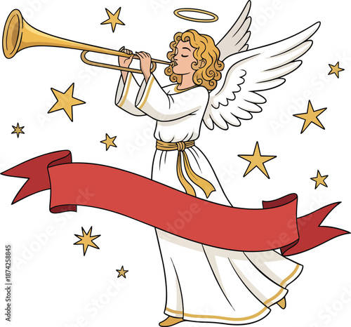 Angel Playing Trumpet with Red Banner.