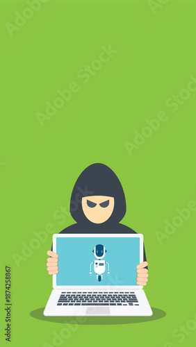 hooded figure using ai robot laptop symbolizing artificial intelligence in cybersecurity, hacking, and data threats	