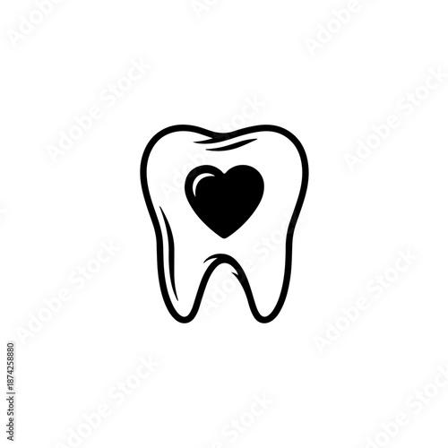 A black and white illustration of a tooth with a heart shape in the center, symbolizing dental health and love.