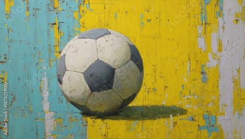Soccer ball rests against textured wall