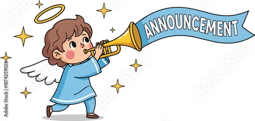 Cartoon Angel Blowing Horn with Ribbon.