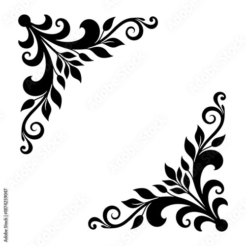 Ornate floral corner frame design with leaves in black and white, vector.