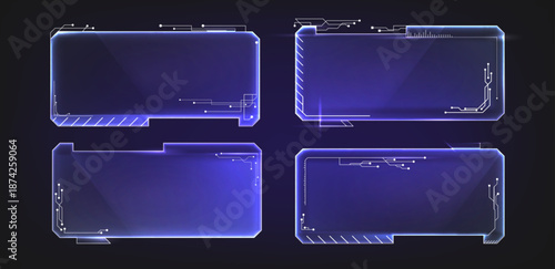 Futuristic HUD frames set for user interface design. Vector realistic illustration of neon blue rectangle borders for AI technology ui, digital data display, cyberpunk holographic computer screen