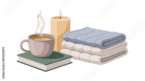 A cozy, relaxing scene with a cup of tea, a candle, folded towels, and a book.