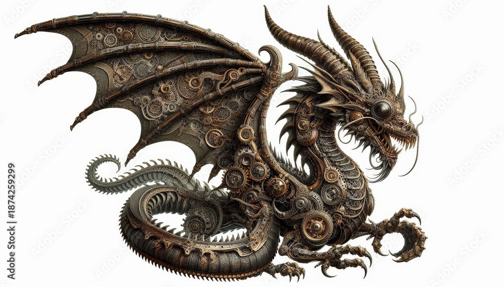 Fototapeta premium Highly detailed steampunk mechanical dragon illustration made of gears and metal parts. Fantasy creature isolated on white background, perfect for advertising, posters, games, covers, design projects.