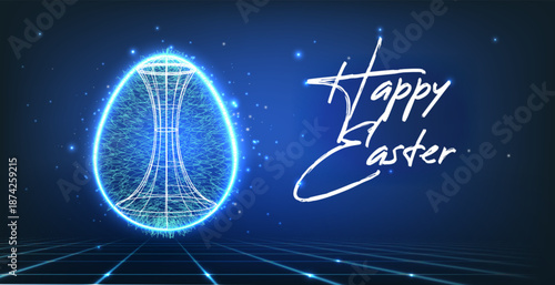 Happy Easter tech background for holiday banner. Vector realistic illustration of futuristic neon egg with glowing holographic wireframe, geometric shape and text on blue gradient background