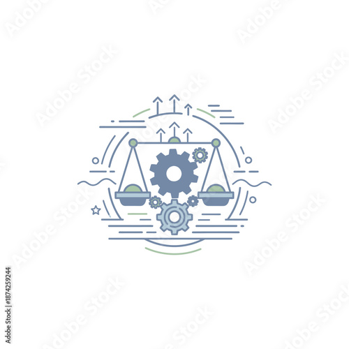 Conceptual illustration of gears and a balance scale symbolizing industry, progress, and efficiency in business and technology development