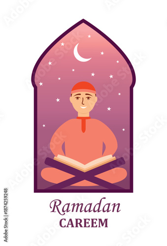 Muslim man reads the Quran, the holy book of Islam, after prayer