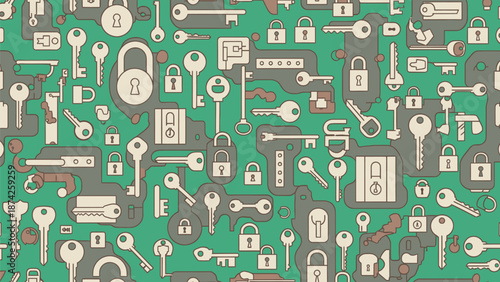 Seamless tiny keys and locks pattern 2D flat two-color repeating design solid background illustration
